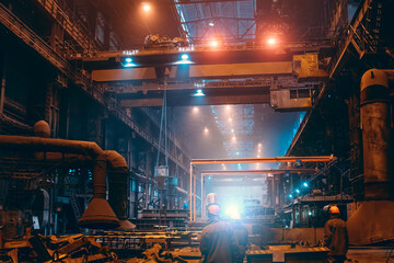 Metallurgical plant workshop production manufacturing building inside interior, heavy industry, steelmaking.