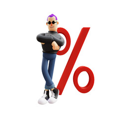 A Successful 3D pretty Cool Man standing in front of Percent Symbol