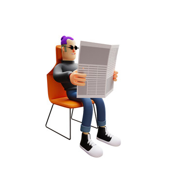 Cool Man Cartoon 3D Illustration reading a newspaper