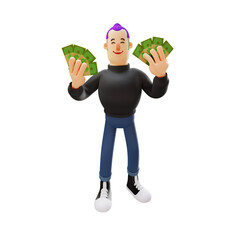 Fototapeta na wymiar 3D Cool Man Cartoon Design holding money