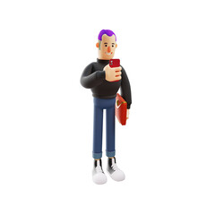 3D Cool Man Cartoon Picture reading text on his cell phone