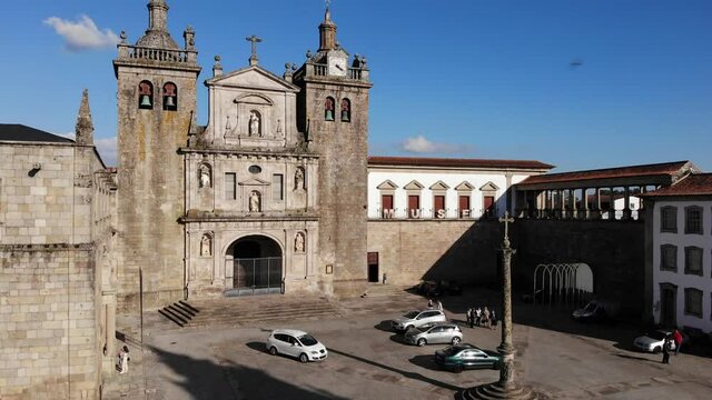 Viseu, Portugal - May 8, 2021: DRONE AERIAL FOOTAGE - The Viseu Cathedral (Se Catedral de Viseu) is the Catholic bishopric seat of the city of Viseu, in Portugal. 