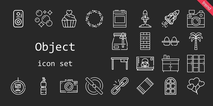 object icon set. line icon style. object related icons such as eggs, door, chimney, propeller, beach towel, oven, balloons, television, link, bottle, space shuttle, photo camera, locker, asteroid