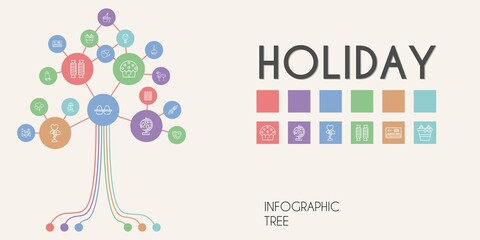 holiday vector infographic tree. line icon style. holiday related icons such as calendar, gift, love, eggs, rising, garland, balloons, pass, cocktails, cup cake, pedal boat