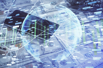 Obraz premium Multi exposure of business theme drawing over us dollars bill background. Concept of financial success.