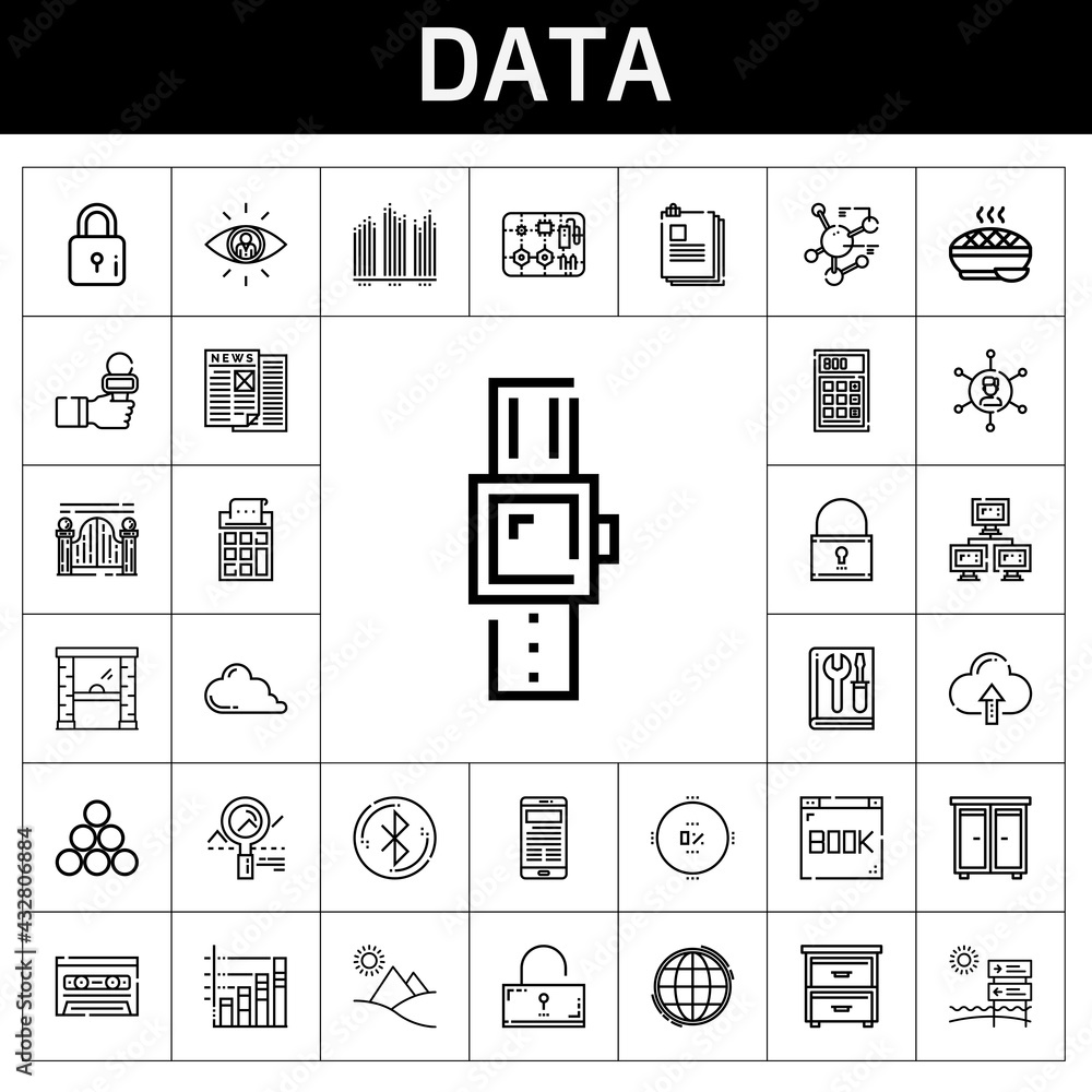 Poster data icon set. line icon style. data related icons such as smartwatch, components, access, news repo