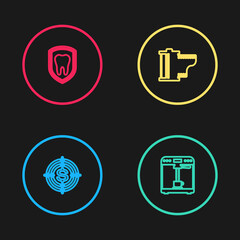 Set line Target with dollar, Coffee machine and cup, Camera film roll cartridge and Dental protection icon. Vector