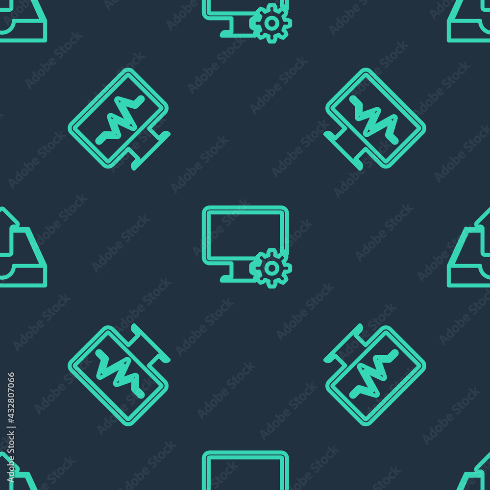 Poster set line computer monitor and gear, monitor with cardiogram and upload inbox on seamless pattern. ve