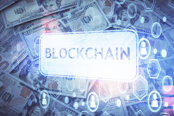 Multi exposure of crypto theme drawing over us dollars bill background. Concept of blockchain success.