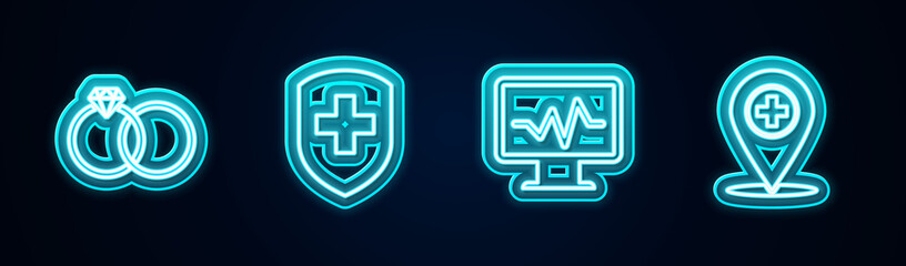 Set line Wedding rings, Medical shield with cross, Monitor cardiogram and location. Glowing neon icon. Vector