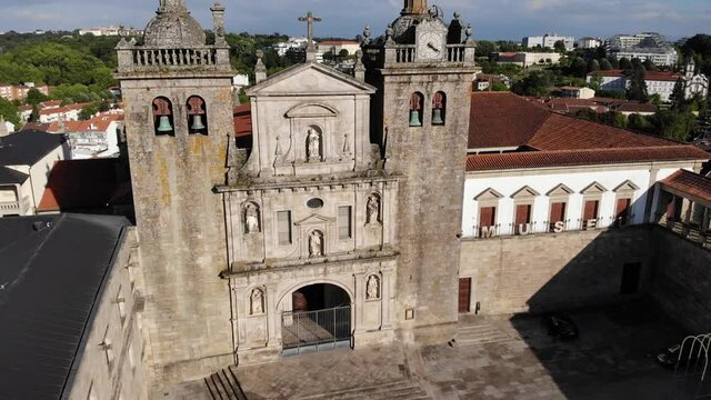 Viseu, Portugal - May 8, 2021: DRONE AERIAL FOOTAGE - The Viseu Cathedral (Se Catedral de Viseu) is the Catholic bishopric seat of the city of Viseu, in Portugal. 