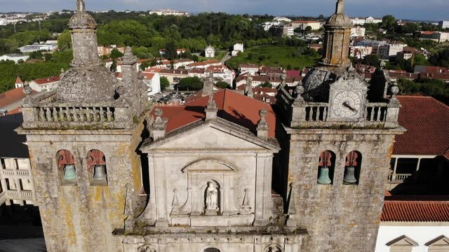 Viseu, Portugal - May 8, 2021: DRONE AERIAL FOOTAGE - The Viseu Cathedral (Se Catedral de Viseu) is the Catholic bishopric seat of the city of Viseu, in Portugal. 