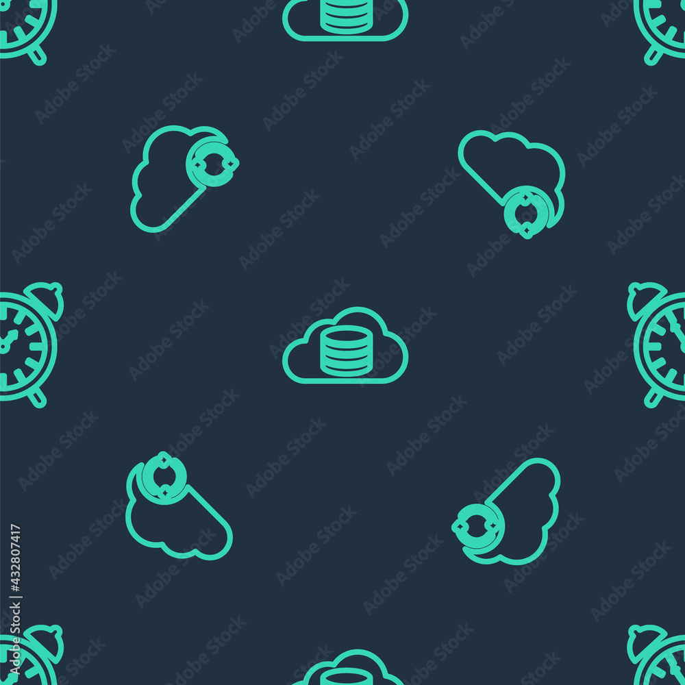 Poster set line cloud database, sync refresh and alarm clock on seamless pattern. vector