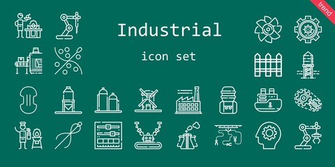 industrial icon set. line icon style. industrial related icons such as conveyor, factory, turbine, settings, fire extinguisher, water tank, compress, windmill, ship, pollution, silo, setting