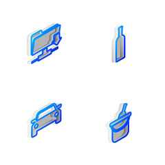 Set Isometric line Bottle of wine, FTP folder download, Car and bucket icon. Vector