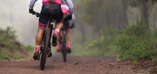 Mountain bikers riding on bike singletrack trail, mountain bike race