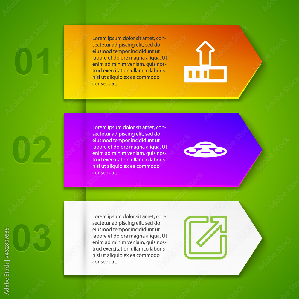 Poster set line loading, ufo flying spaceship, open new window and computer network. business infographic t