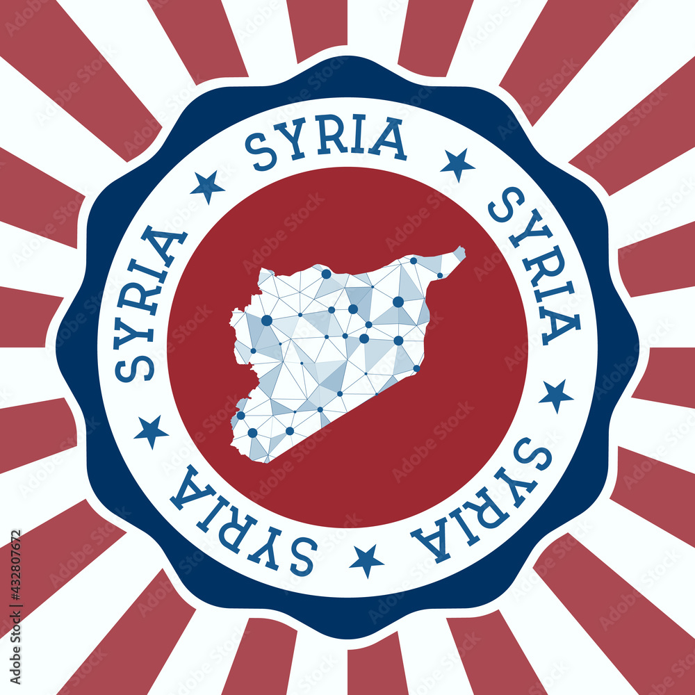 Poster Syria badge. Round logo of country with triangular mesh map and radial rays. EPS10 Vector.