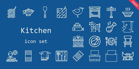 kitchen icon set. line icon style. kitchen related icons such as chicken, soup, scoop, beach towel, oven, chair, restaurant, cutlery, sauce, cupboard, subway, napkin, towel, furniture, stove