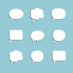 Set of nine simple white speech and think bubbles with shadows, empty and isolated on blue background