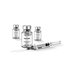 Coronavirus vaccine. Immunization treatment. Vaccine bottle and syringe injection tool for covid 19.