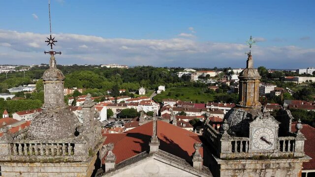 Viseu, Portugal - May 8, 2021: DRONE AERIAL FOOTAGE - The Viseu Cathedral (Se Catedral de Viseu) is the Catholic bishopric seat of the city of Viseu, in Portugal. 