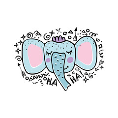 Cute doodle elephant head, funny flat hand-drawn elephant character, wild animal face with doodles around, childish style, design for kids