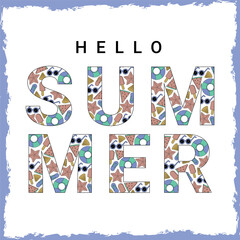 Hello summer banner with beach elements pattern and text typography.