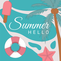 Hello summer banner with beach elements and text typography.