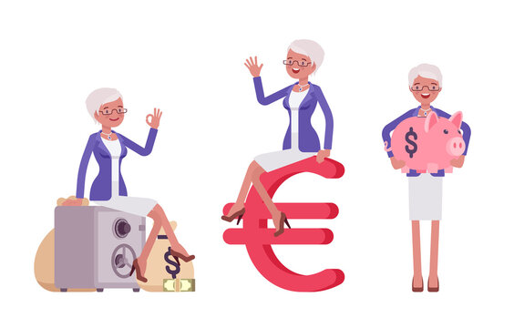 Attractive old woman, elderly businesswoman with euro, dollar sack. Bossy senior manager, gray haired active person above 50 years. Vector flat style cartoon illustration isolated on white background