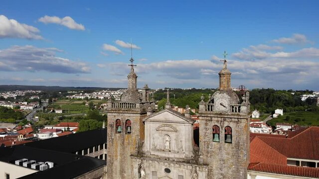 Viseu, Portugal - May 8, 2021: DRONE AERIAL FOOTAGE - The Viseu Cathedral (Se Catedral de Viseu) is the Catholic bishopric seat of the city of Viseu, in Portugal. 