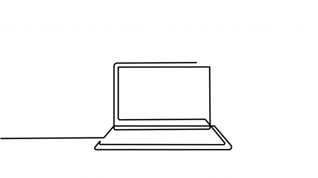 Self drawing animation of computer notebook outline. Minimalism line art. Copy space.