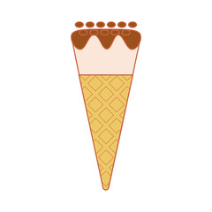 Line art vector illustration of waffle cone with ball of ice cream or gelato in pastel colors. Isolated on white background.