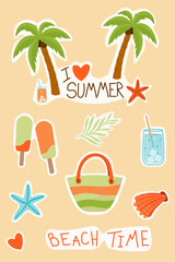 Set of cute and funny summer stickers. Palm, cocktail, palm leaves, ice cream. Text: I love summer and beach time.