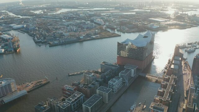 Aerial view of Elbphilharmonie concert hall building on the river bank of Elbe river in Hamburg city center