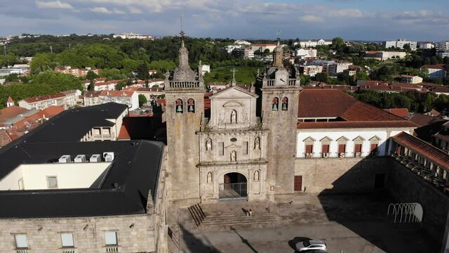 Viseu, Portugal - May 8, 2021: DRONE AERIAL FOOTAGE - The Viseu Cathedral (Se Catedral de Viseu) is the Catholic bishopric seat of the city of Viseu, in Portugal. 