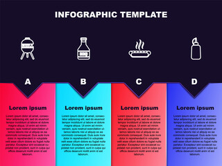 Set line Barbecue grill, Ketchup bottle, Hotdog sandwich and Mustard. Business infographic template. Vector