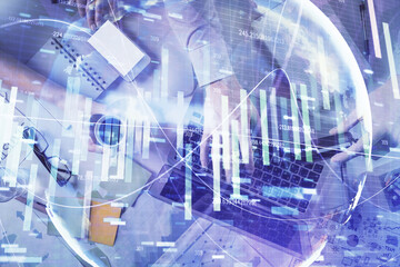 Double exposure of man and woman working together and business theme hologram drawing. Computer background. Top View.