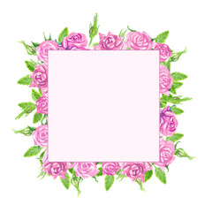 Frame of delicate pink watercolor roses. Buds and thorns. Scenic bouquet.