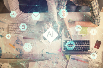 Double exposure of man and woman working together and data theme hologram drawing. Computer background. Top View.