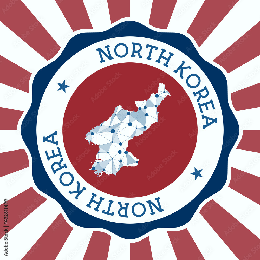 Poster north korea badge. round logo of country with triangular mesh map and radial rays. eps10 vector.