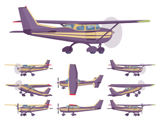 Light aircraft, stripe plane livery set. Small regional logistics, mobility and transportation. Vector flat style cartoon illustration isolated on white background, different views and positions