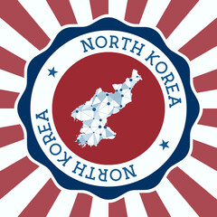 North Korea Badge. Round logo of country with triangular mesh map and radial rays. EPS10 Vector.