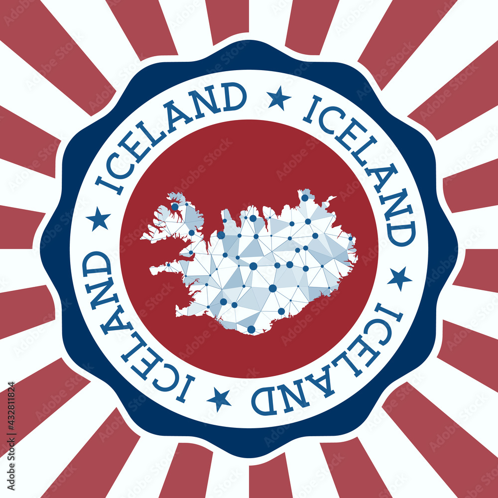 Poster iceland badge. round logo of the country with a triangular mesh map and radial rays. eps10 vector.