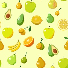 The most popular fruits are fruit trees in the tropics and temperate climates. Seamless background image. Cartoon flat style. Apples, plums, bananas, oranges, lemons,  avocados. Vector