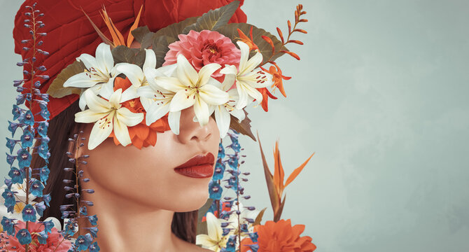 Abstract art collage of young asian woman with flowers