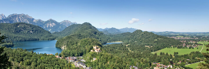 Fototapeta na wymiar Aerial panoramic view of Hohenschwangau and Alpsee lake, Bavaria, Germany