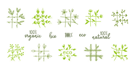 Floral Natural, Bio, Eco Icons. Hashtag of Twigs with Leaves, Flowers and Berries. Ecology Signs Vector Set. Hash Tag Symbols. Perfect for Healthy Life Promotion, Organic Vegan Products Packaging