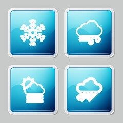 Set line Snowflake, Windy weather, Fog and cloud with sun and Cloud rain icon. Vector