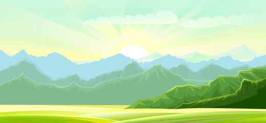 Rural summer landscape. Nice view of the horizon. Fields, meadows and green grassy pastures. Bright sun with rays. Morning beautiful scenery. Vector